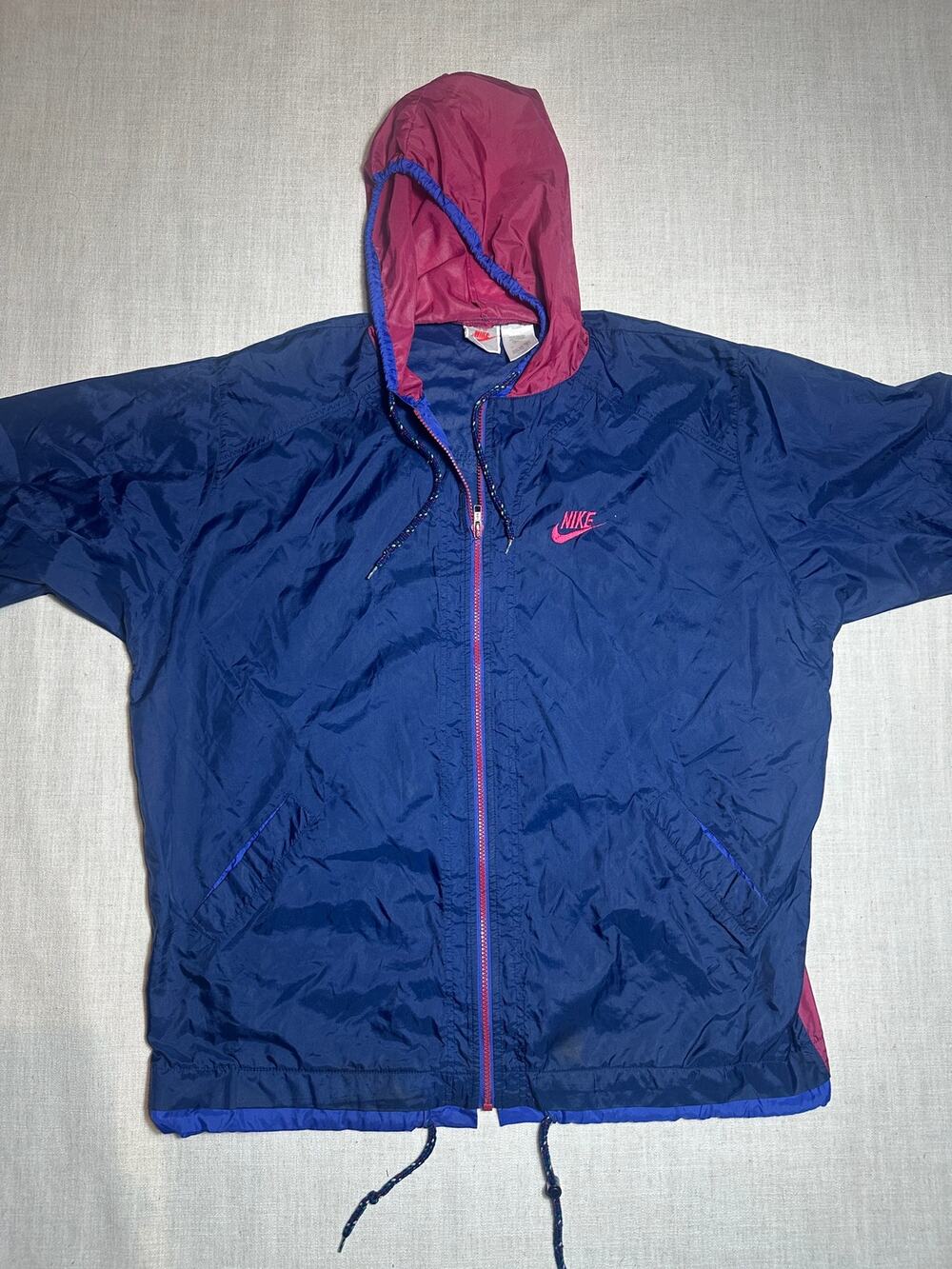 Vintage 90s Nike Hooded Windbreaker Jacket Navy Pink Embroidered Swoosh Size L
